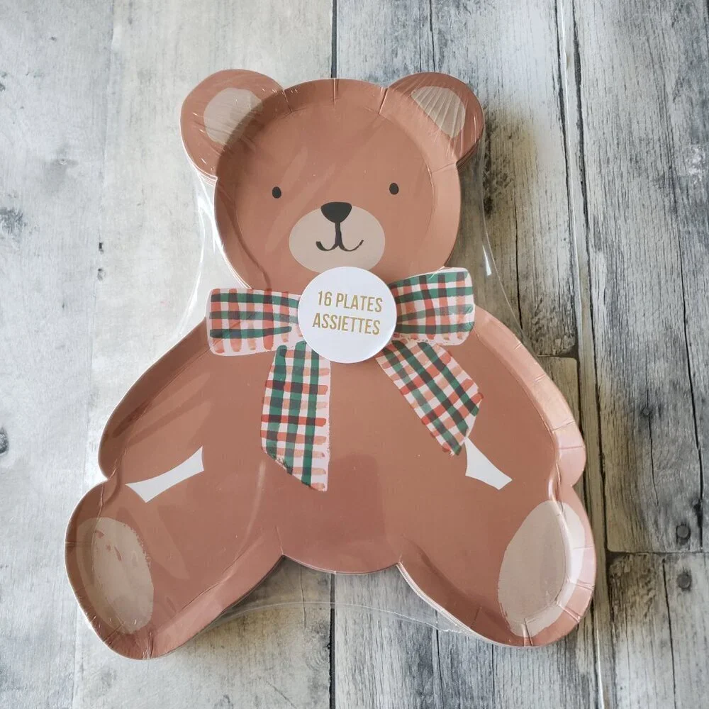 NWT - Meri Meri Bear With Plaid Bow Paper - 16 Plates and 32 Napkins